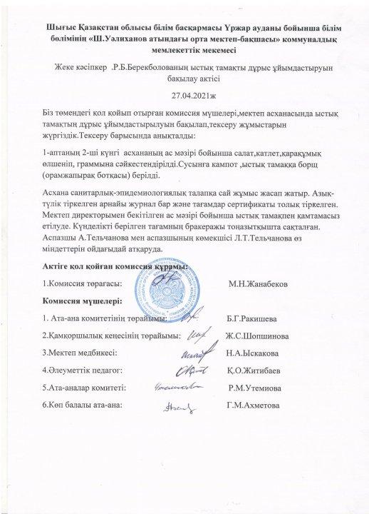 Ыстық тамақтың дұрыс ұйымдастырылуын бақылау актісі