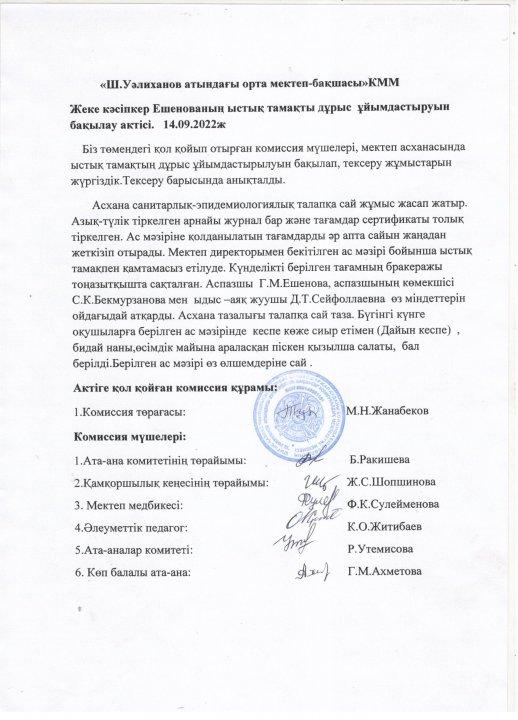 2022-2023 оқу жылындағы Мектеп асханасындағы тамақтандырудың сапалық мониторингі туралы  АКТ  ҚЫРКҮЙЕК айы
