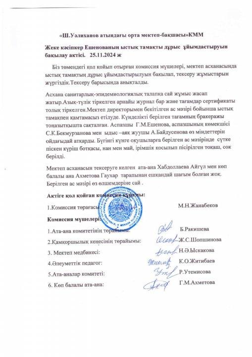 Жеке кәсіпкер Ешенованің ыстық тамақты ұйымдастырудың бақылау актісі