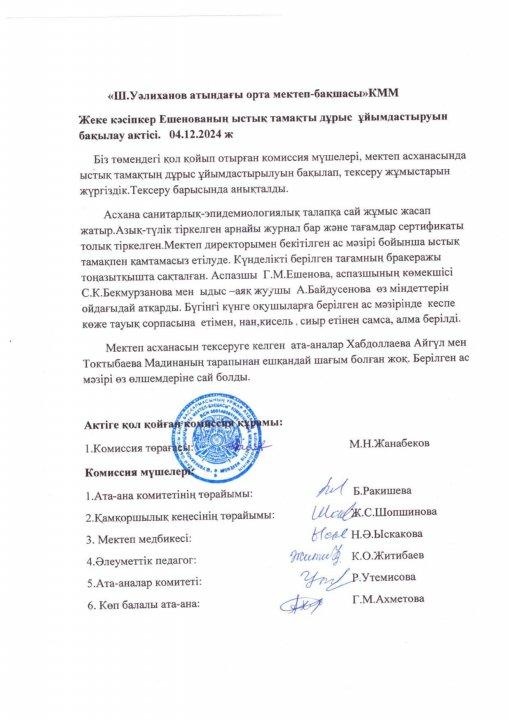 Жеке кәсіпкер Ешенованің ыстық тамақты ұйымдастырудың бақылау актісі