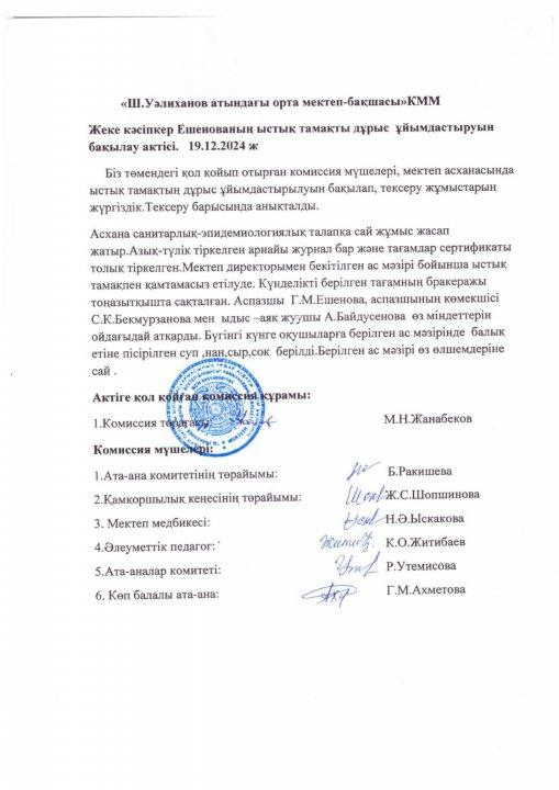 Жеке кәсіпкер Ешенованің ыстық тамақты ұйымдастырудың бақылау актісі