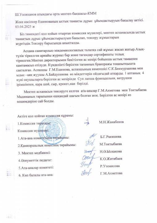 Жеке кәсіпкер Ешенованің ыстық тамақты ұйымдастырудың бақылау актісі